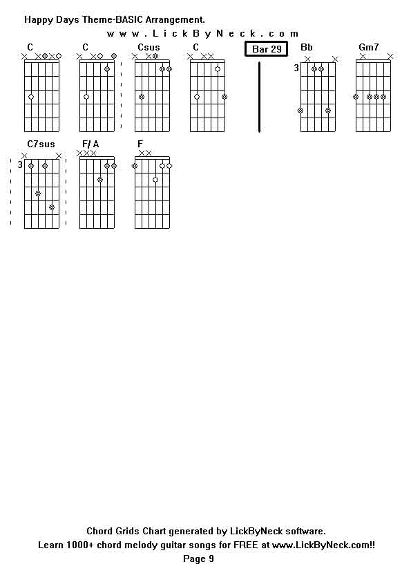 Chord Grids Chart of chord melody fingerstyle guitar song-Happy Days Theme-BASIC Arrangement,generated by LickByNeck software.